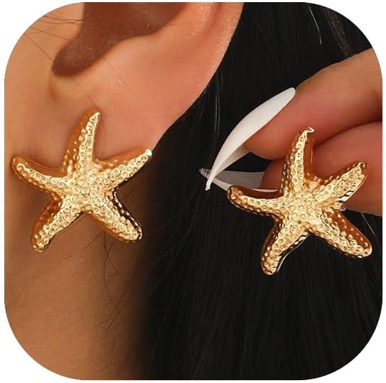 14K Gold Plated Starfish Earrings for Women Trendy, Boho Summer Beach Starfish Earring Gold Statement Hypoallergenic Studs Vacation Outfits Accessories Jewelry