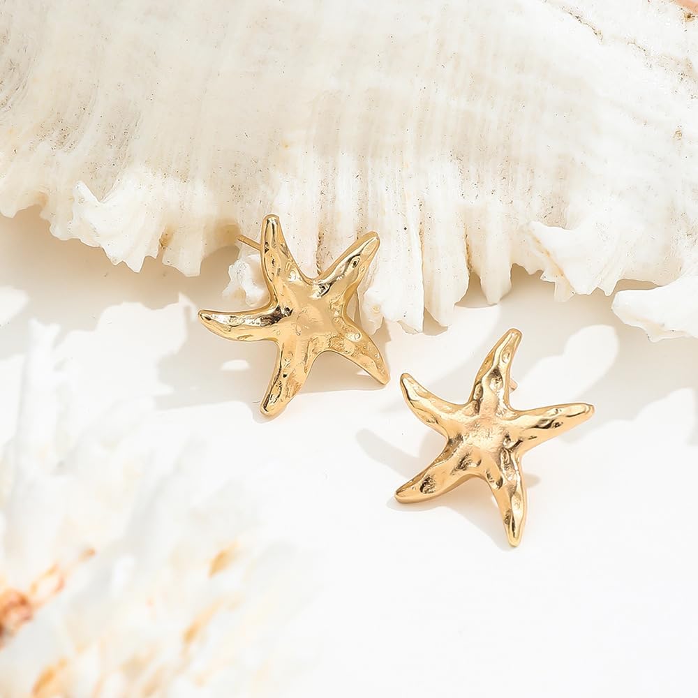 14K Gold Plated Starfish Earrings for Women Trendy, Boho Summer Beach Starfish Earring Gold Statement Hypoallergenic Studs Vacation Outfits Accessories Jewelry