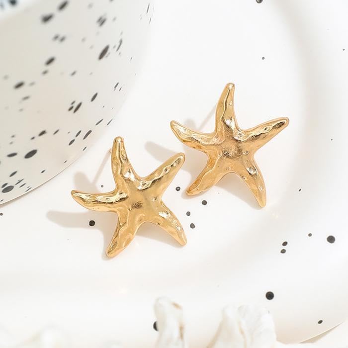 14K Gold Plated Starfish Earrings for Women Trendy, Boho Summer Beach Starfish Earring Gold Statement Hypoallergenic Studs Vacation Outfits Accessories Jewelry