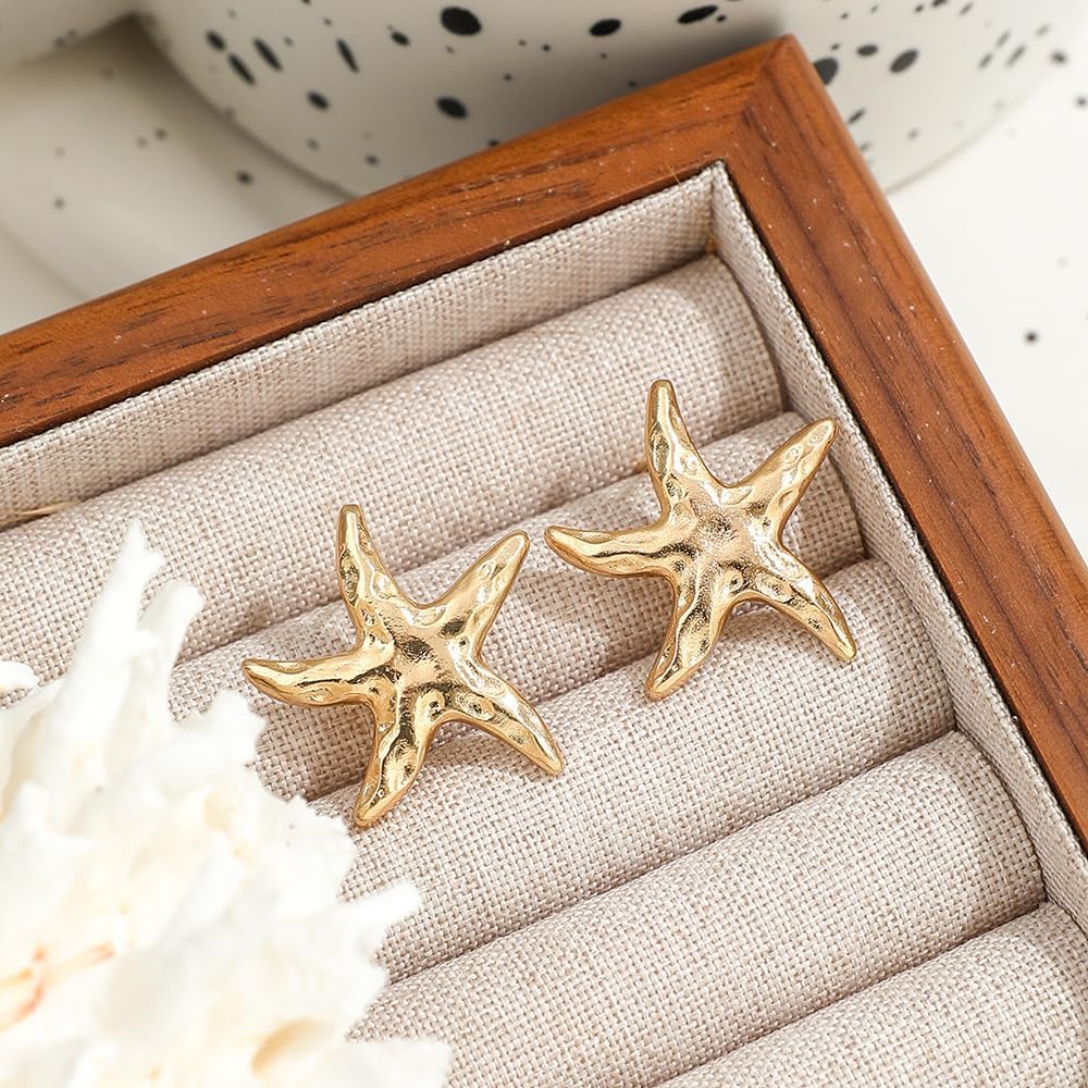 14K Gold Plated Starfish Earrings for Women Trendy, Boho Summer Beach Starfish Earring Gold Statement Hypoallergenic Studs Vacation Outfits Accessories Jewelry