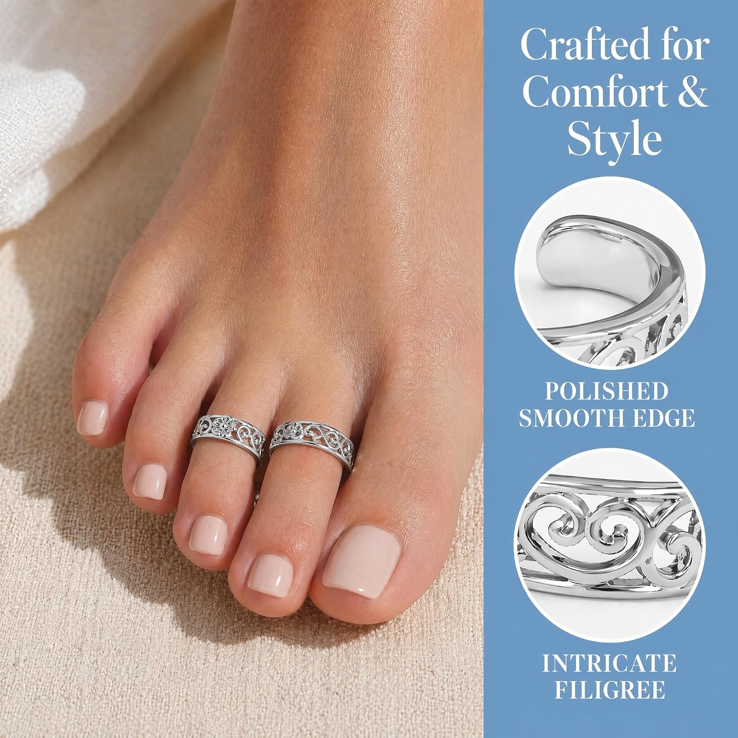 2Pcs Silver Toe Ring Adjustable Open Cuff Toe Rings for Women Stainless Steel Flower Band Foot Jewelry Non Tarnish Beach Accessories for Toes Summer Wear Set