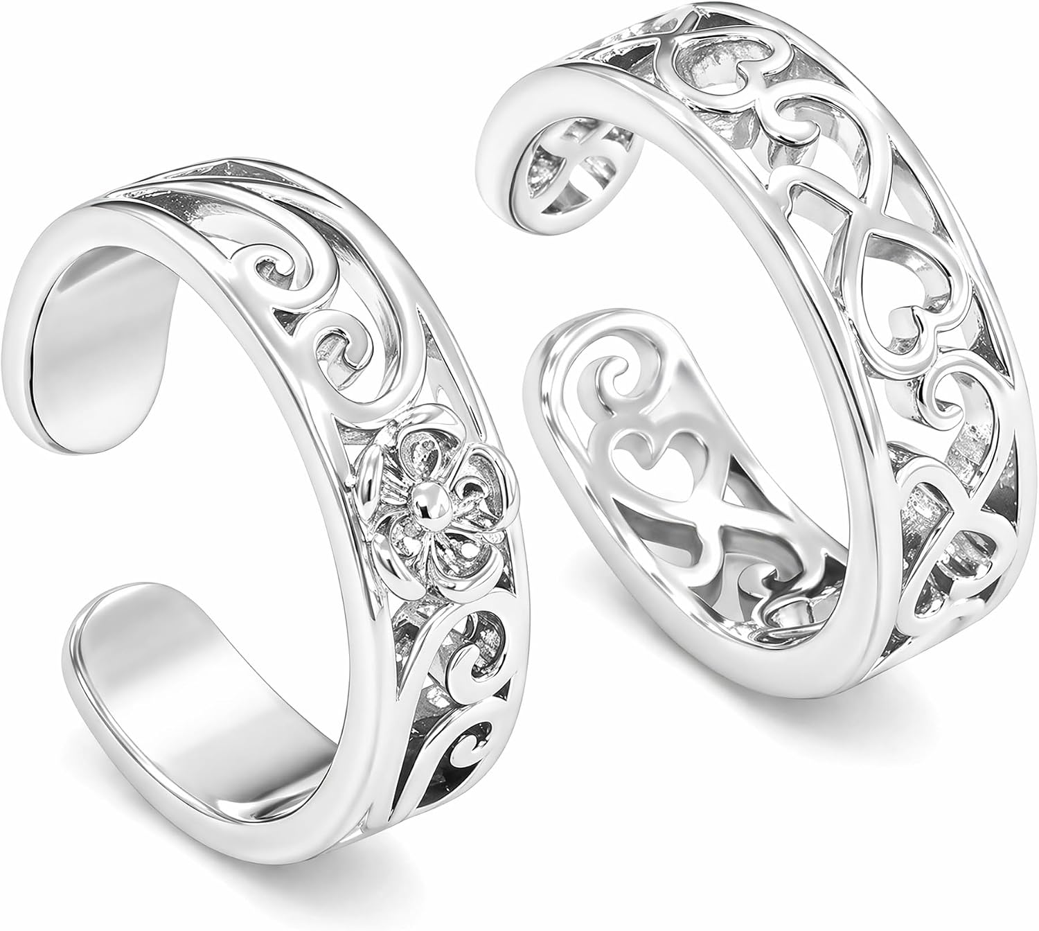 2Pcs Silver Toe Ring Adjustable Open Cuff Toe Rings for Women Stainless Steel Flower Band Foot Jewelry Non Tarnish Beach Accessories for Toes Summer Wear Set