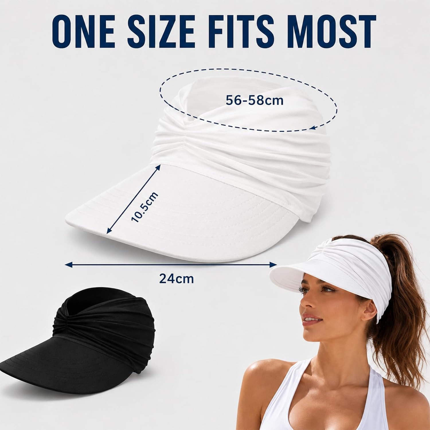 2Pcs Wide Brim Sun Visor Hats for Women, UPF 50+ UV Protection Visor Hat, Lightweight Packable Ponytail Cap for Golf Outdoor Summer Beach (White+Black)