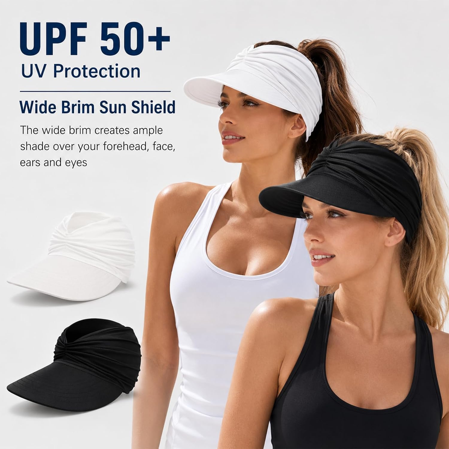 2Pcs Wide Brim Sun Visor Hats for Women, UPF 50+ UV Protection Visor Hat, Lightweight Packable Ponytail Cap for Golf Outdoor Summer Beach (White+Black)