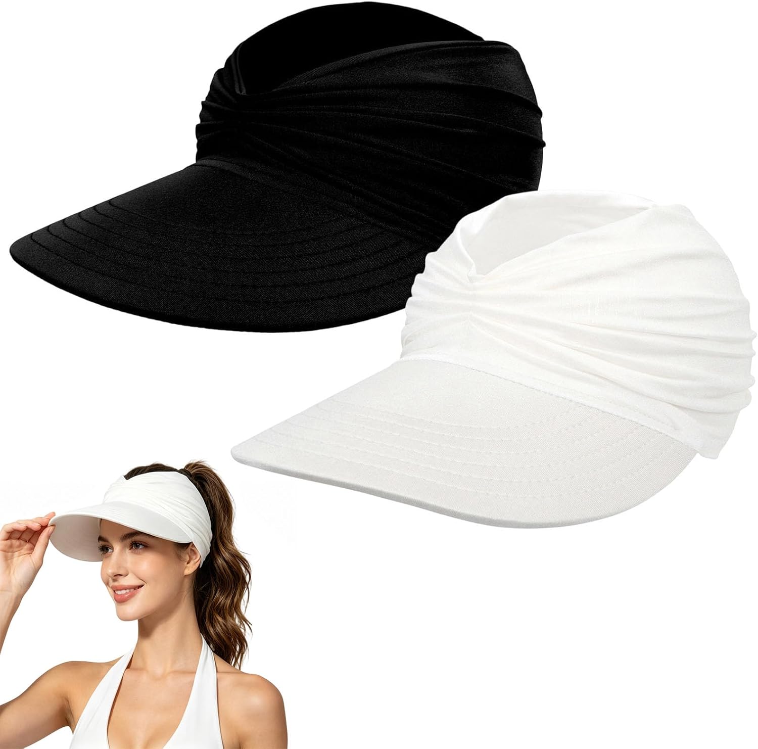 2Pcs Wide Brim Sun Visor Hats for Women, UPF 50+ UV Protection Visor Hat, Lightweight Packable Ponytail Cap for Golf Outdoor Summer Beach (White+Black)