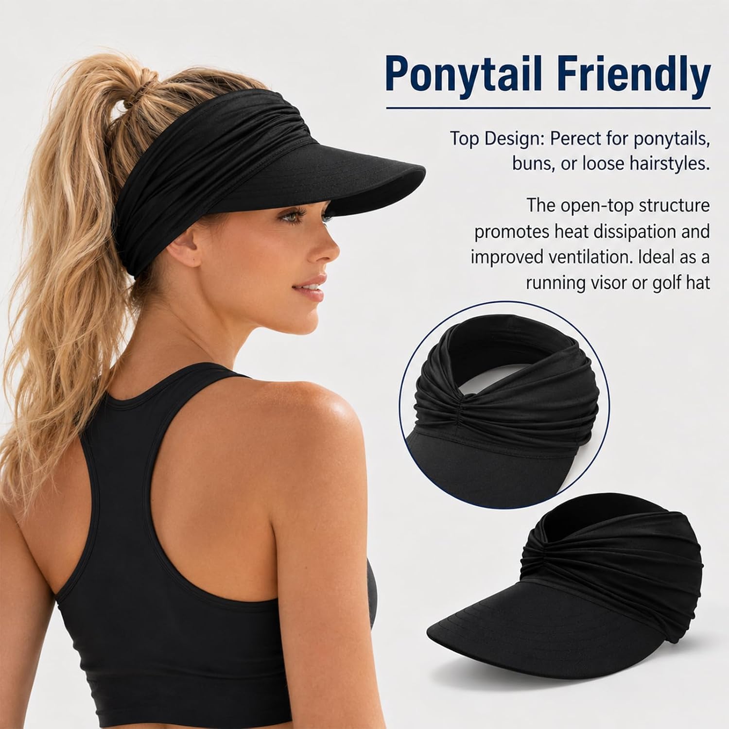 2Pcs Wide Brim Sun Visor Hats for Women, UPF 50+ UV Protection Visor Hat, Lightweight Packable Ponytail Cap for Golf Outdoor Summer Beach (White+Black)