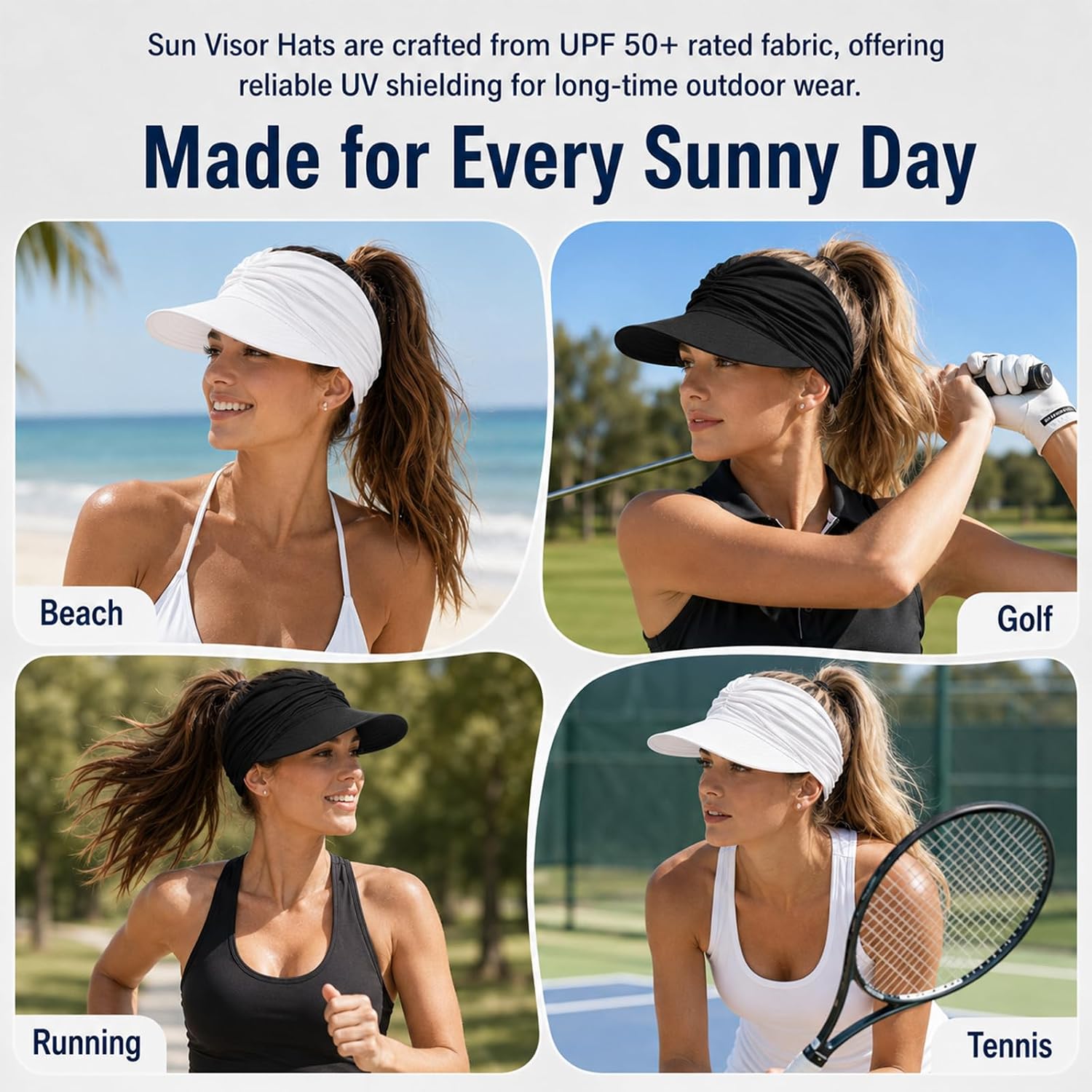 2Pcs Wide Brim Sun Visor Hats for Women, UPF 50+ UV Protection Visor Hat, Lightweight Packable Ponytail Cap for Golf Outdoor Summer Beach (White+Black)