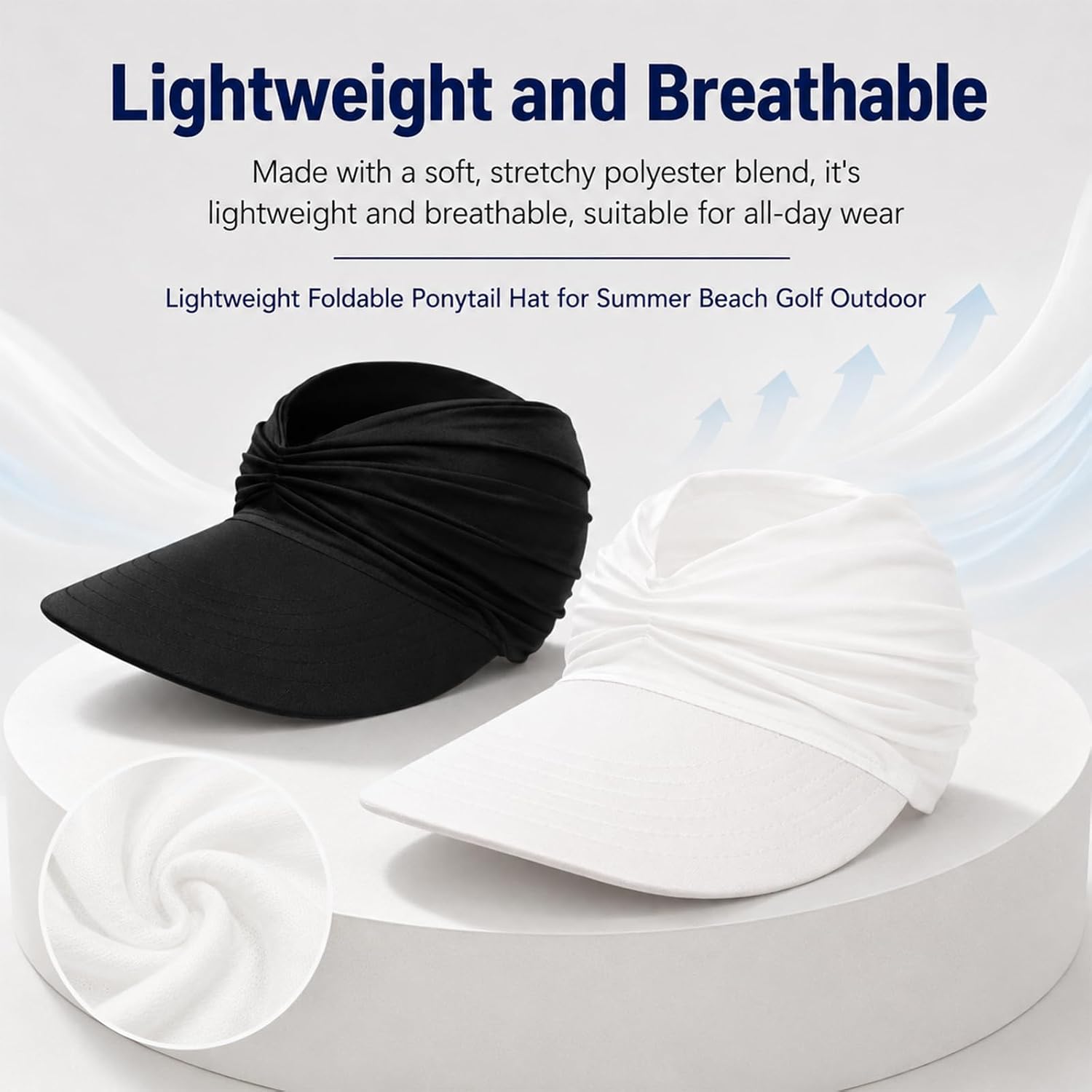 2Pcs Wide Brim Sun Visor Hats for Women, UPF 50+ UV Protection Visor Hat, Lightweight Packable Ponytail Cap for Golf Outdoor Summer Beach (White+Black)