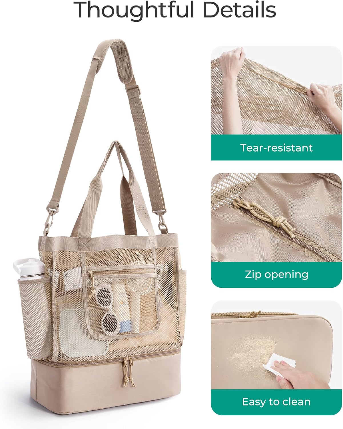 BAGSMART Beach Bag for Women, Mesh Tote Bags with Zipper, Sandproof Vacation Essentials with Cooler for Swim Cruise Pool