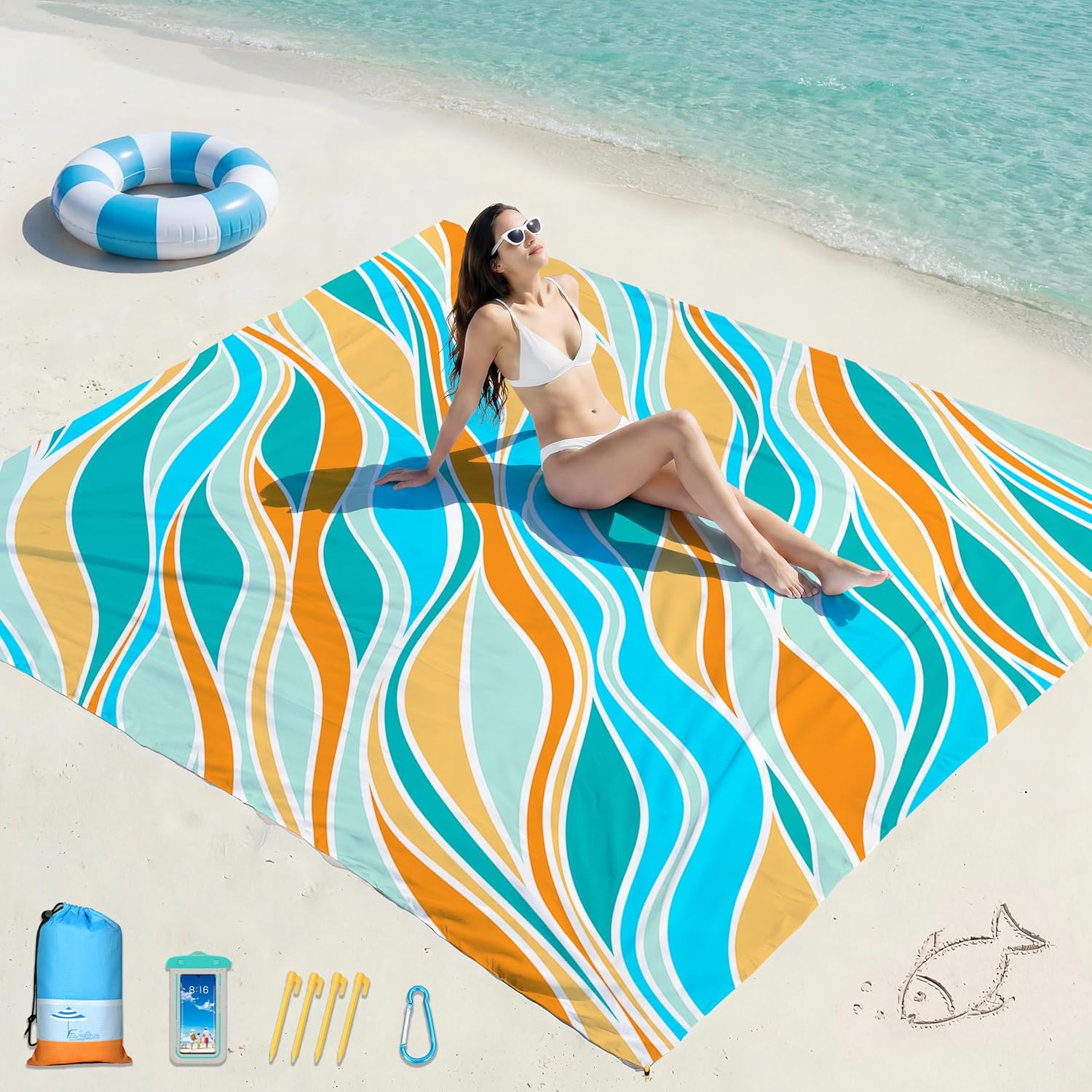 Beach Blanket Waterproof Sandproof 78''X81''/10'X9' Oversized Big Blanket | Sand Free Large Blanket for Beach,Waterproof Picnic Hiking Blankets with Stakes, Lightweight Foldable Beach Towel Accessories