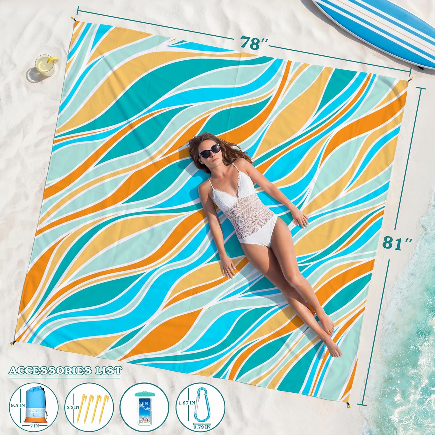 Beach Blanket Waterproof Sandproof 78''X81''/10'X9' Oversized Big Blanket | Sand Free Large Blanket for Beach,Waterproof Picnic Hiking Blankets with Stakes, Lightweight Foldable Beach Towel Accessories