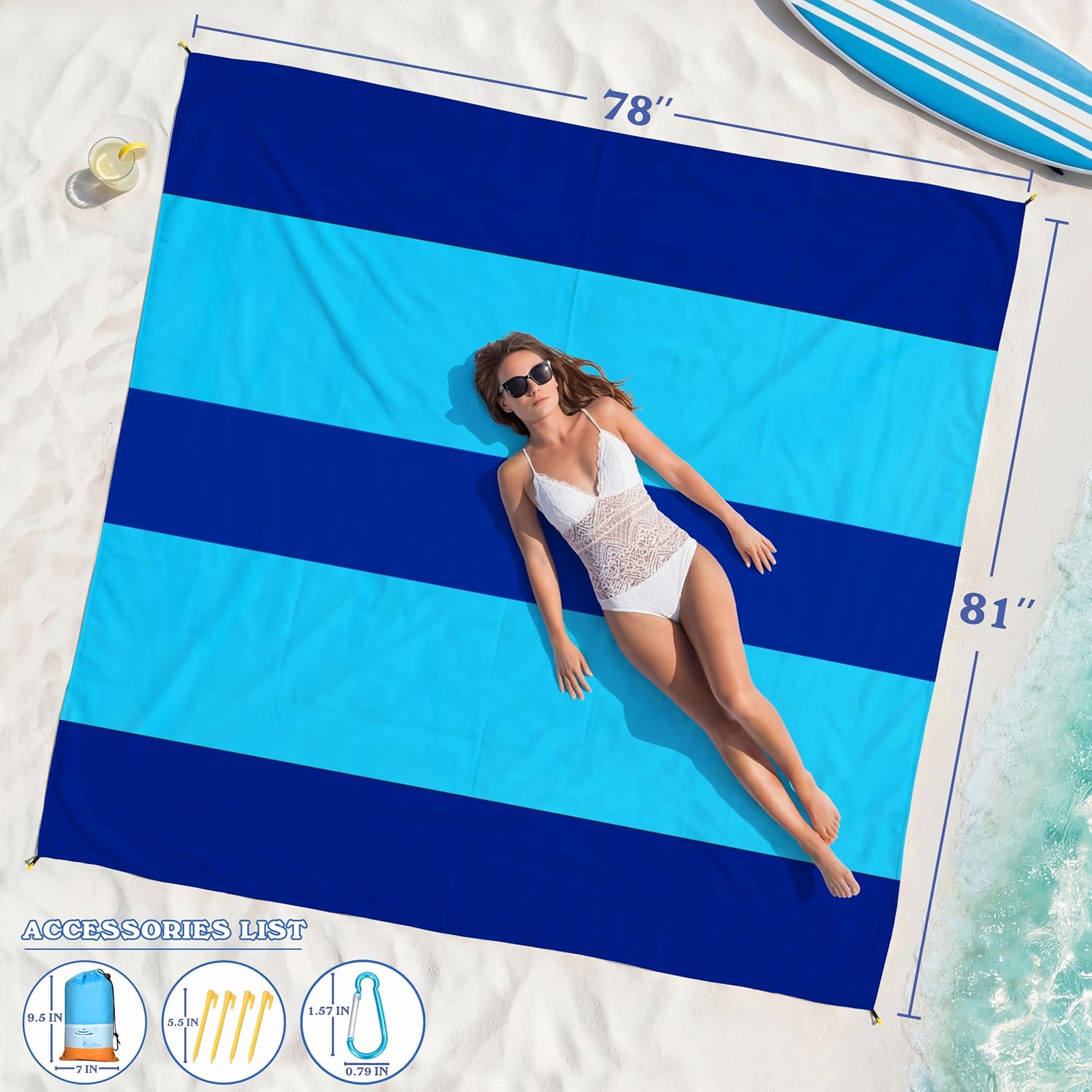 Beach Blanket Waterproof Sandproof 78''X81''/10'X9' Oversized Big Blanket | Sand Free Large Blanket for Beach,Waterproof Picnic Hiking Blankets with Stakes, Lightweight Foldable Beach Towel Accessories