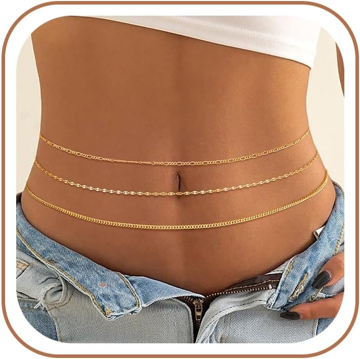 CHESKY 14K Gold Plated Waist Chain for Women, Layered Waist Beads | Silver Plated Gold Body Chains, Beach Summer, Waterproof Snake Belly Belt Chain, Festival Jewelry Accessories for Women