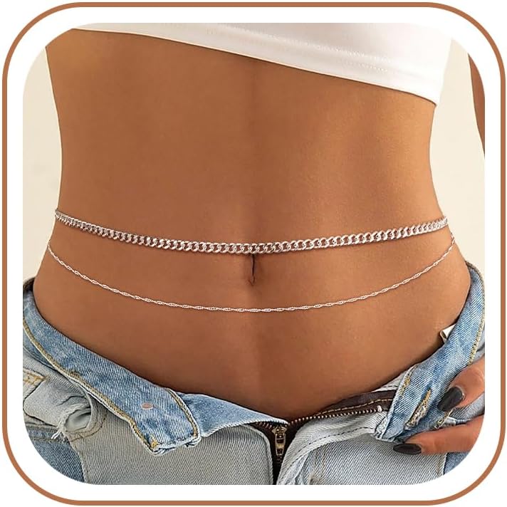 CHESKY 14K Gold Plated Waist Chain for Women, Layered Waist Beads | Silver Plated Gold Body Chains, Beach Summer, Waterproof Snake Belly Belt Chain, Festival Jewelry Accessories for Women