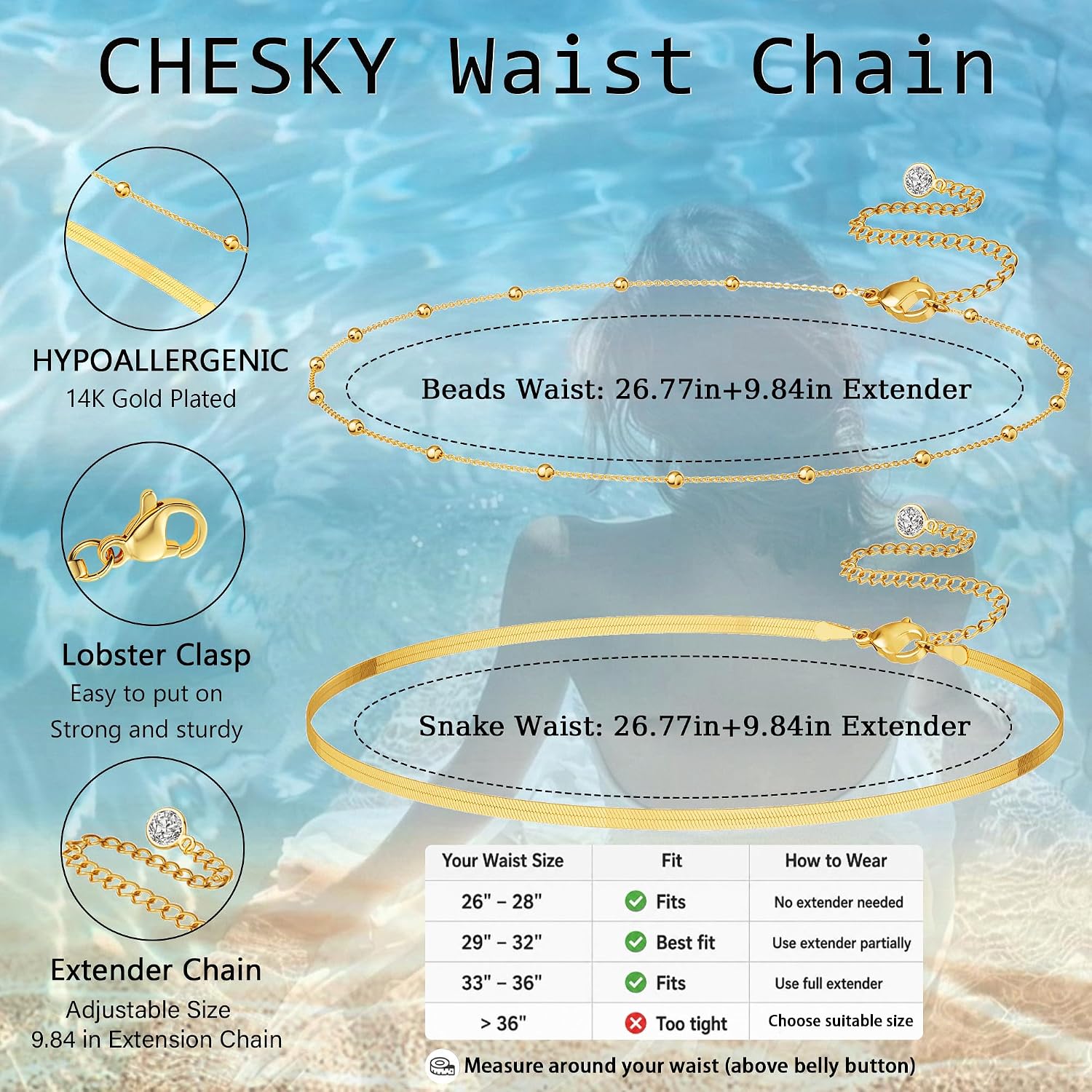 CHESKY 14K Gold Plated Waist Chain for Women, Layered Waist Beads | Silver Plated Gold Body Chains, Beach Summer, Waterproof Snake Belly Belt Chain, Festival Jewelry Accessories for Women