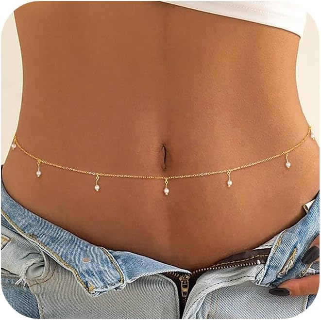 CHESKY 14K Gold Plated Waist Chain for Women, Layered Waist Beads | Silver Plated Gold Body Chains, Beach Summer, Waterproof Snake Belly Belt Chain, Festival Jewelry Accessories for Women