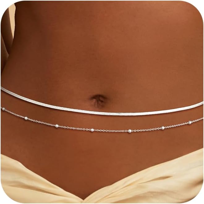 CHESKY 14K Gold Plated Waist Chain for Women, Layered Waist Beads | Silver Plated Gold Body Chains, Beach Summer, Waterproof Snake Belly Belt Chain, Festival Jewelry Accessories for Women