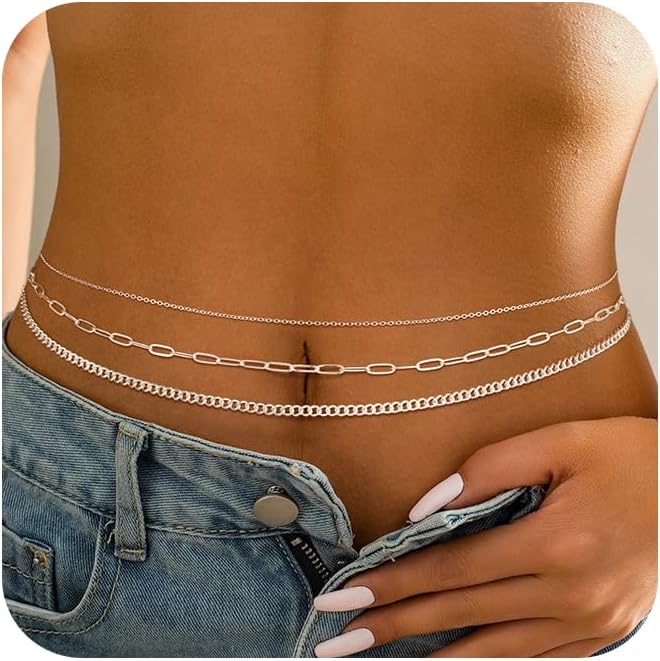 CHESKY 14K Gold Plated Waist Chain for Women, Layered Waist Beads | Silver Plated Gold Body Chains, Beach Summer, Waterproof Snake Belly Belt Chain, Festival Jewelry Accessories for Women