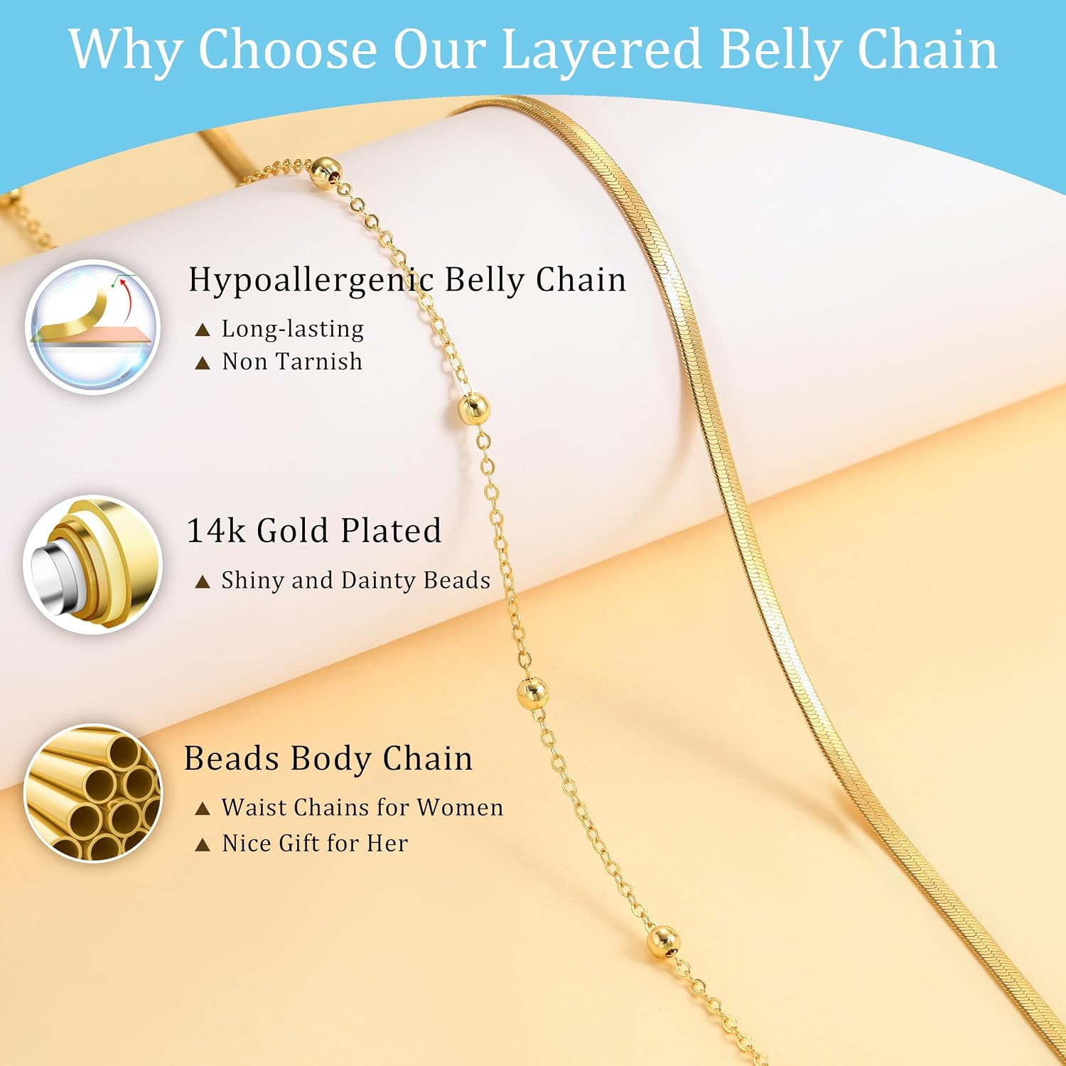 CHESKY 14K Gold Plated Waist Chain for Women, Layered Waist Beads | Silver Plated Gold Body Chains, Beach Summer, Waterproof Snake Belly Belt Chain, Festival Jewelry Accessories for Women