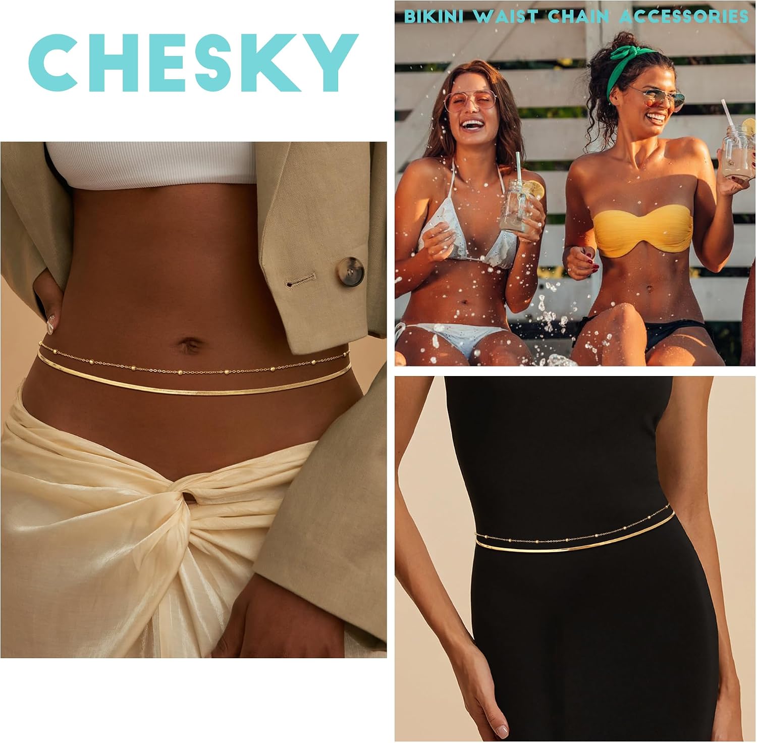 CHESKY 14K Gold Plated Waist Chain for Women, Layered Waist Beads | Silver Plated Gold Body Chains, Beach Summer, Waterproof Snake Belly Belt Chain, Festival Jewelry Accessories for Women