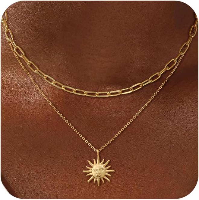 CHESKY Layered Necklaces for Women Trendy, Dainty 14k Gold Plated Pendant Necklace Layering Necklace for Women Non Tarnish Hypoallergenic Sun Gold Necklace Stack Gold Jewelry for Women Gifts