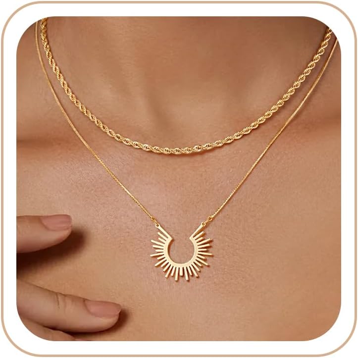 CHESKY Layered Necklaces for Women Trendy, Dainty 14k Gold Plated Pendant Necklace Layering Necklace for Women Non Tarnish Hypoallergenic Sun Gold Necklace Stack Gold Jewelry for Women Gifts