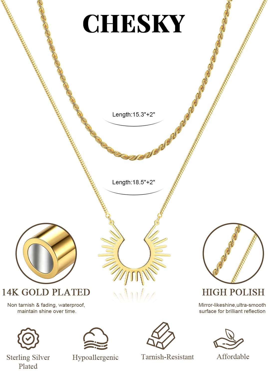 CHESKY Layered Necklaces for Women Trendy, Dainty 14k Gold Plated Pendant Necklace Layering Necklace for Women Non Tarnish Hypoallergenic Sun Gold Necklace Stack Gold Jewelry for Women Gifts