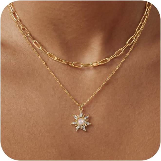 CHESKY Layered Necklaces for Women Trendy, Dainty 14k Gold Plated Pendant Necklace Layering Necklace for Women Non Tarnish Hypoallergenic Sun Gold Necklace Stack Gold Jewelry for Women Gifts