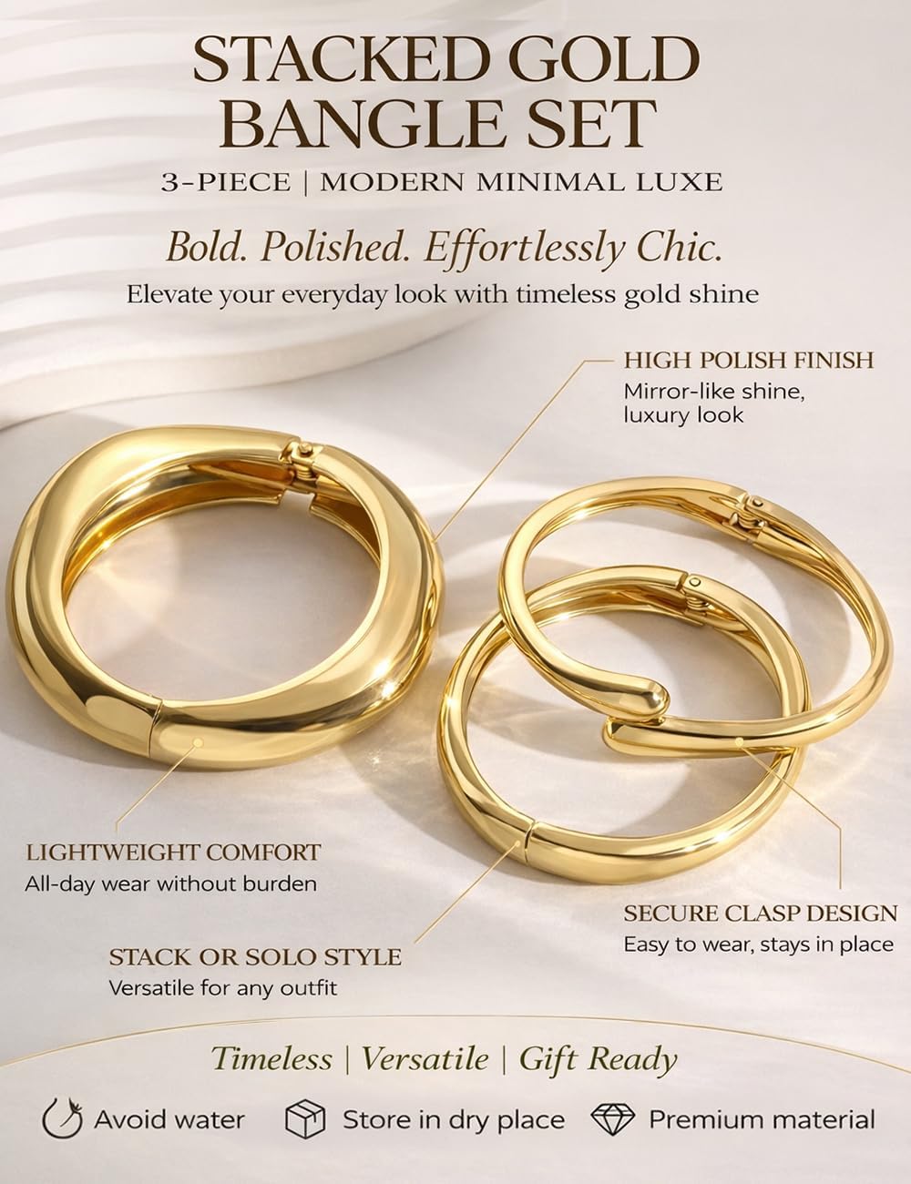 Chunky Gold Bangle Bracelets for Women, Dainty 14k Gold Plated Big Stackable Bangles Set, Trendy Statement Cuff Bracelet Stack Fashion Jewelry Gifts