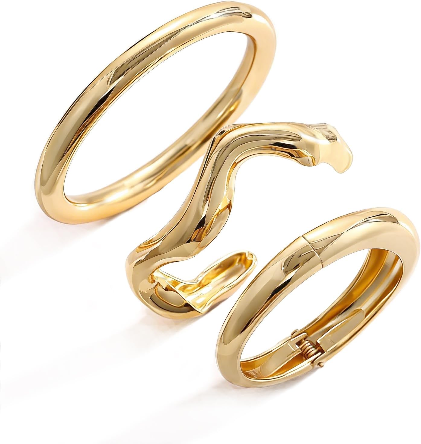 Chunky Gold Bangle Bracelets for Women, Dainty 14k Gold Plated Big Stackable Bangles Set, Trendy Statement Cuff Bracelet Stack Fashion Jewelry Gifts
