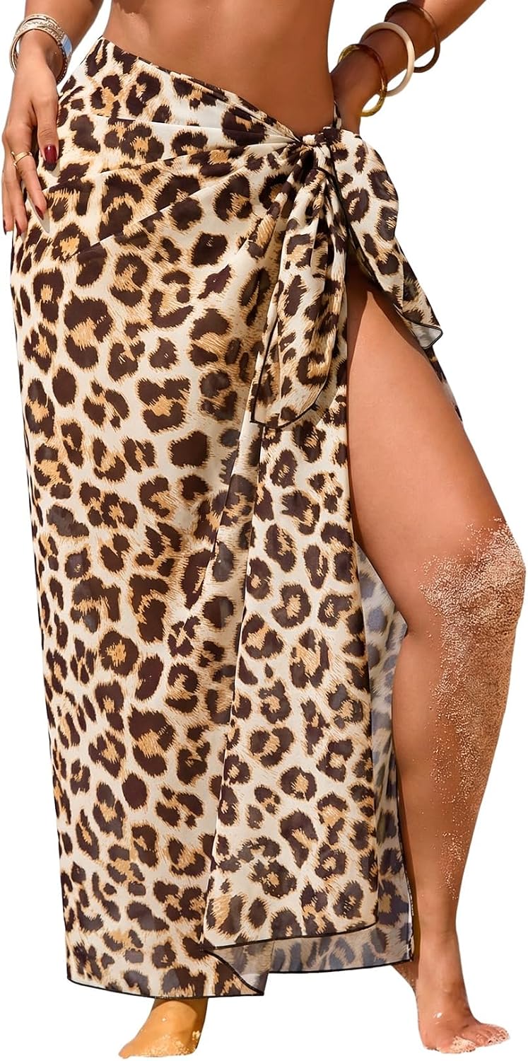 Herseas Women Sheer High Slit One Size Swimsuit Coverup Sarong Chiffon Wrap | Floral Print Bathing Suit Cover Up, Size: 55"× 45", Tie Side, Lightweight Swimwear, Beach Vacation Outfits, Cruise Essentials