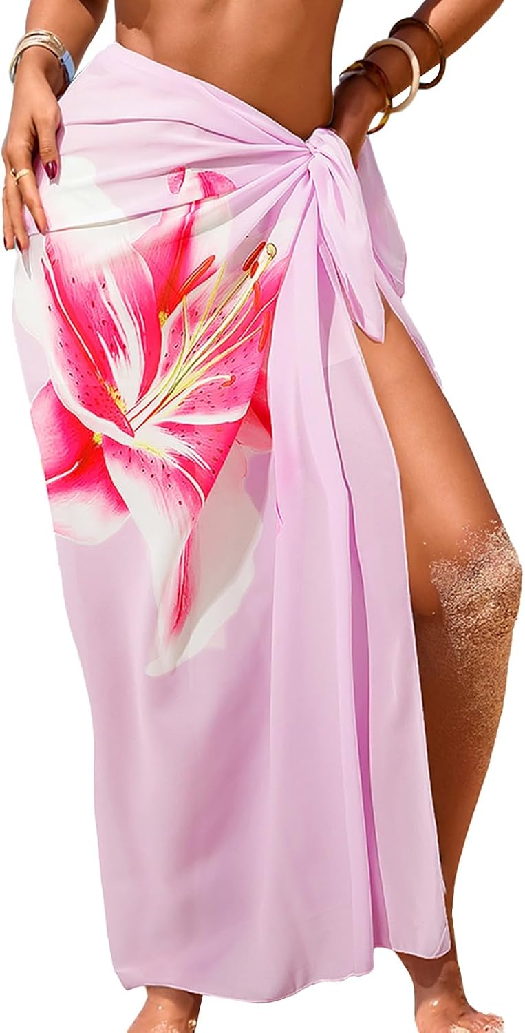 Herseas Women Sheer High Slit One Size Swimsuit Coverup Sarong Chiffon Wrap | Floral Print Bathing Suit Cover Up, Size: 55"× 45", Tie Side, Lightweight Swimwear, Beach Vacation Outfits, Cruise Essentials