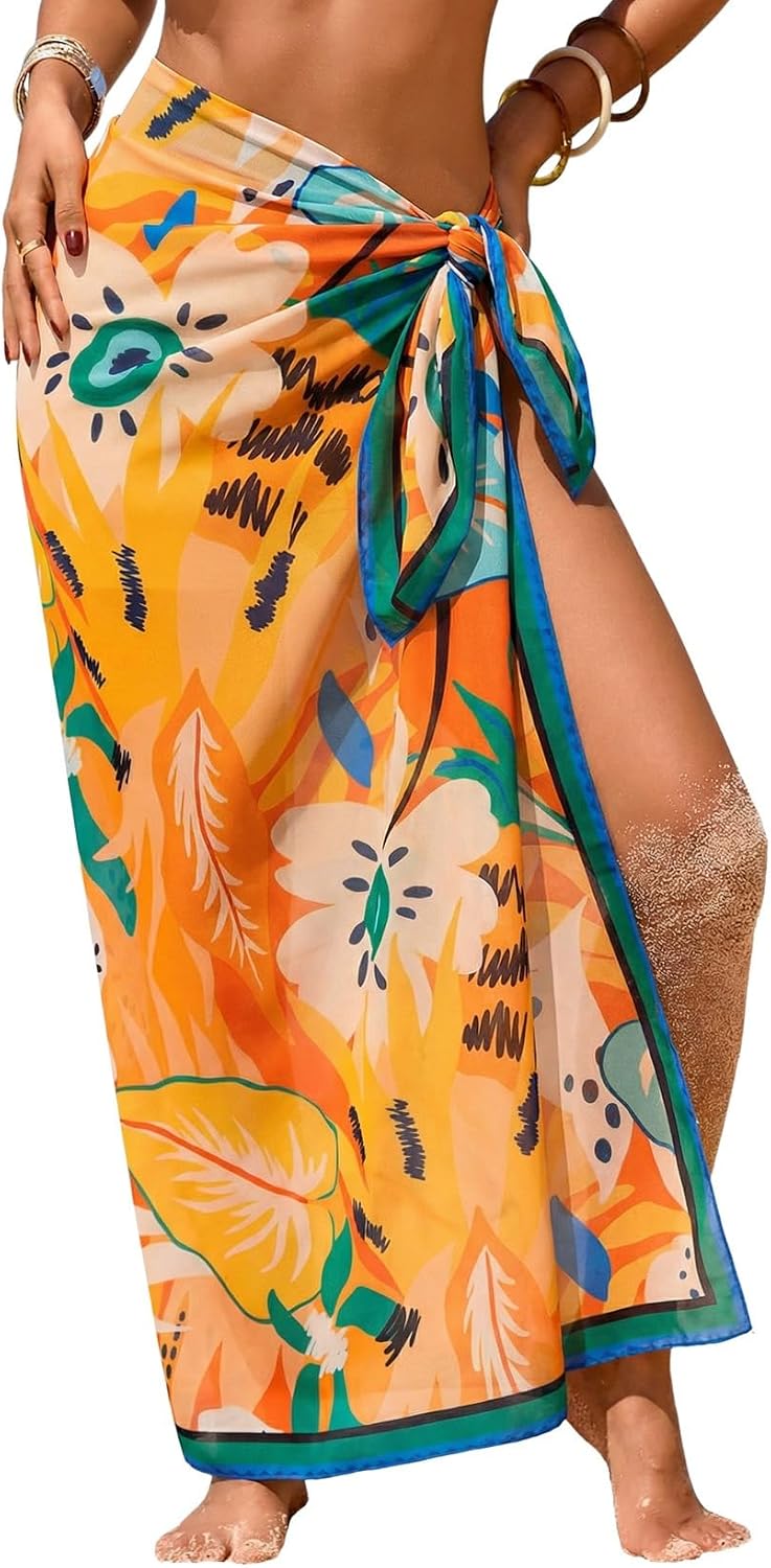 Herseas Women Sheer High Slit One Size Swimsuit Coverup Sarong Chiffon Wrap | Floral Print Bathing Suit Cover Up, Size: 55"× 45", Tie Side, Lightweight Swimwear, Beach Vacation Outfits, Cruise Essentials