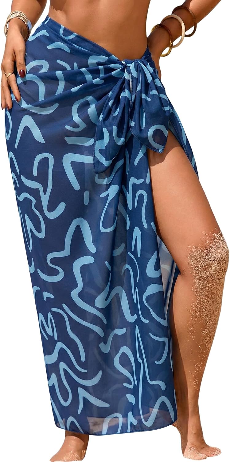 Herseas Women Sheer High Slit One Size Swimsuit Coverup Sarong Chiffon Wrap | Floral Print Bathing Suit Cover Up, Size: 55"× 45", Tie Side, Lightweight Swimwear, Beach Vacation Outfits, Cruise Essentials