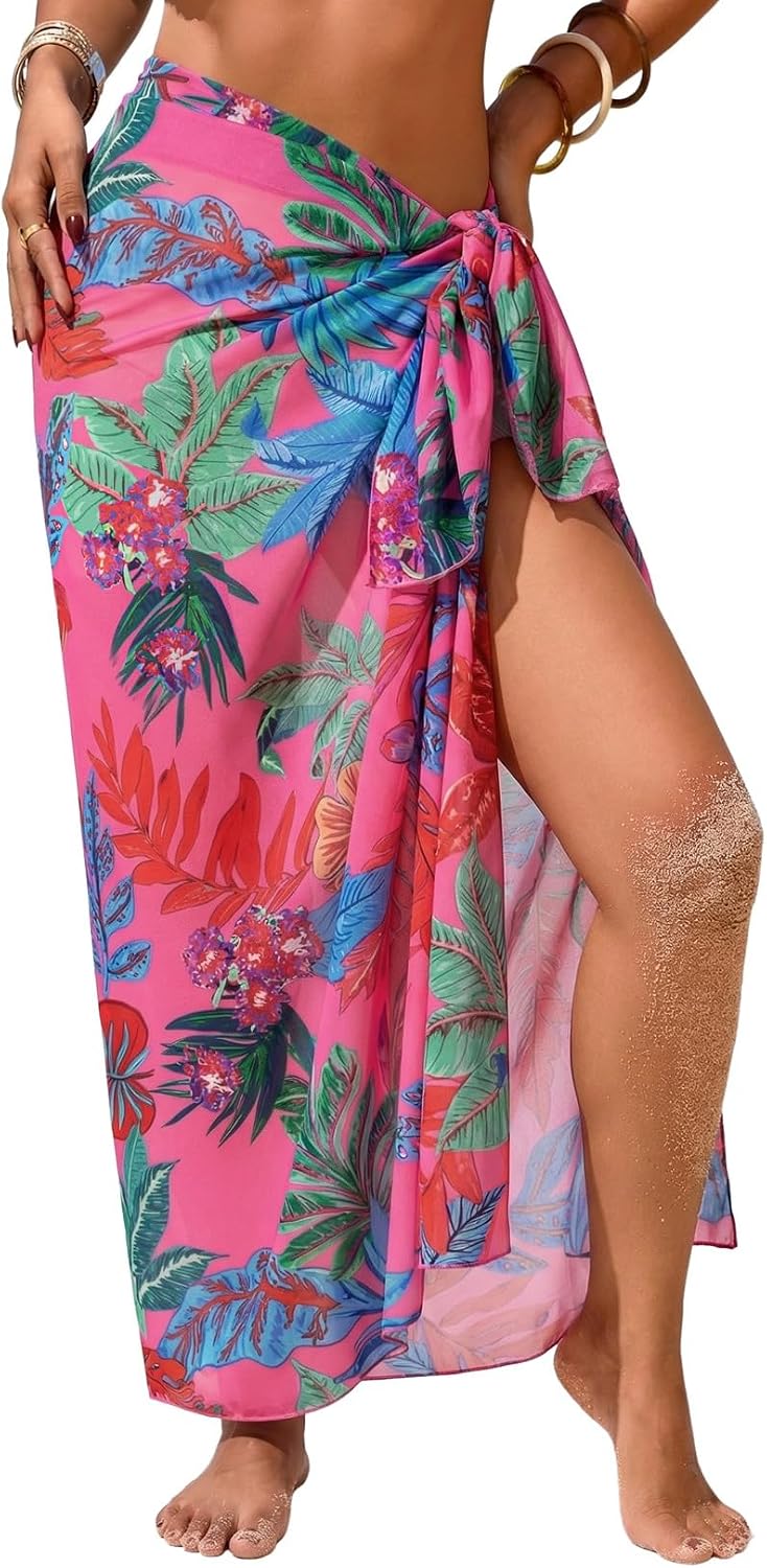 Herseas Women Sheer High Slit One Size Swimsuit Coverup Sarong Chiffon Wrap | Floral Print Bathing Suit Cover Up, Size: 55"× 45", Tie Side, Lightweight Swimwear, Beach Vacation Outfits, Cruise Essentials
