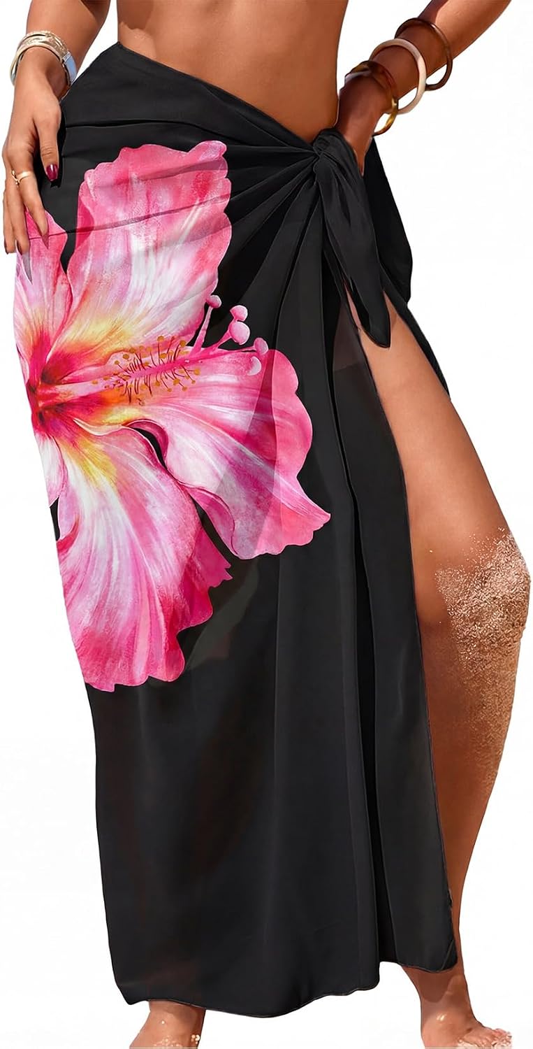 Herseas Women Sheer High Slit One Size Swimsuit Coverup Sarong Chiffon Wrap | Floral Print Bathing Suit Cover Up, Size: 55"× 45", Tie Side, Lightweight Swimwear, Beach Vacation Outfits, Cruise Essentials