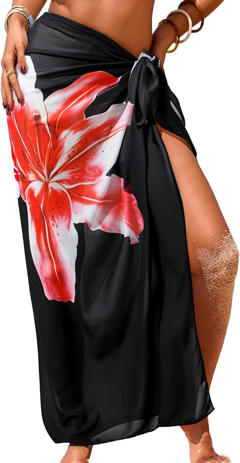 Herseas Women Sheer High Slit One Size Swimsuit Coverup Sarong Chiffon Wrap | Floral Print Bathing Suit Cover Up, Size: 55"× 45", Tie Side, Lightweight Swimwear, Beach Vacation Outfits, Cruise Essentials