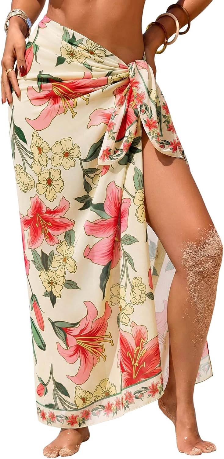 Herseas Women Sheer High Slit One Size Swimsuit Coverup Sarong Chiffon Wrap | Floral Print Bathing Suit Cover Up, Size: 55"× 45", Tie Side, Lightweight Swimwear, Beach Vacation Outfits, Cruise Essentials
