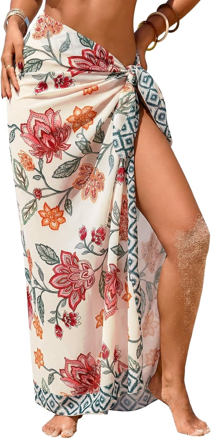 Herseas Women Sheer High Slit One Size Swimsuit Coverup Sarong Chiffon Wrap | Floral Print Bathing Suit Cover Up, Size: 55"× 45", Tie Side, Lightweight Swimwear, Beach Vacation Outfits, Cruise Essentials