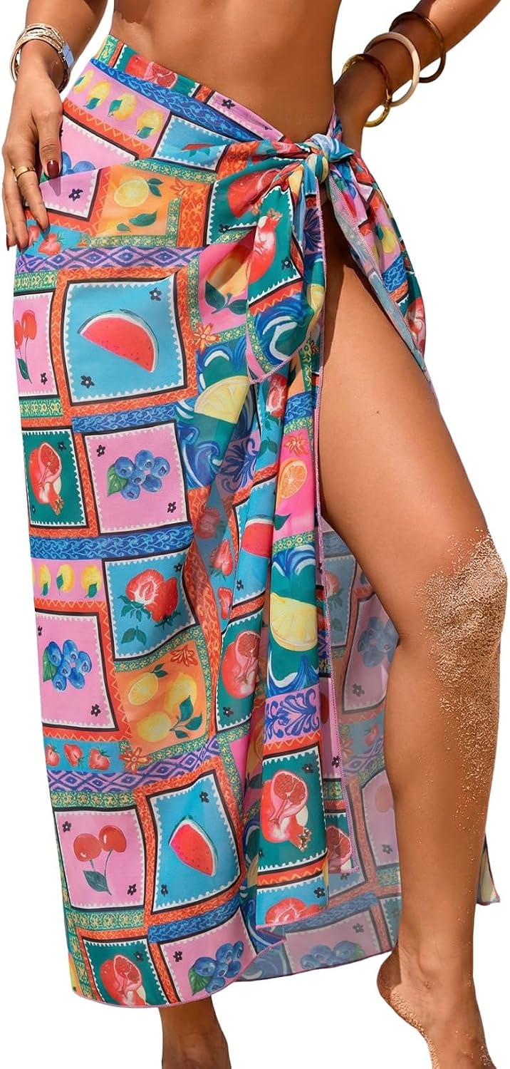 Herseas Women Sheer High Slit One Size Swimsuit Coverup Sarong Chiffon Wrap | Floral Print Bathing Suit Cover Up, Size: 55"× 45", Tie Side, Lightweight Swimwear, Beach Vacation Outfits, Cruise Essentials