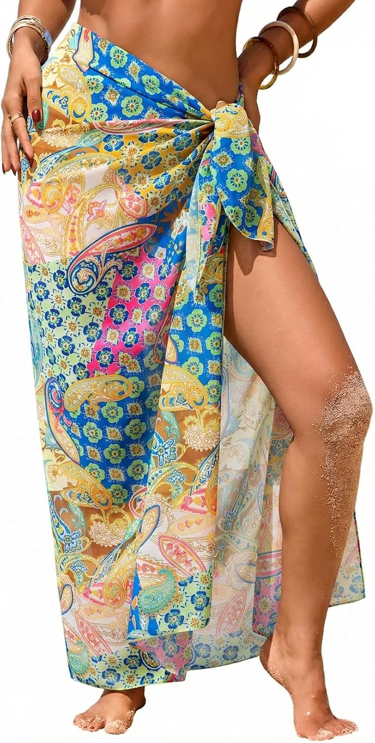 Herseas Women Sheer High Slit One Size Swimsuit Coverup Sarong Chiffon Wrap | Floral Print Bathing Suit Cover Up, Size: 55"× 45", Tie Side, Lightweight Swimwear, Beach Vacation Outfits, Cruise Essentials