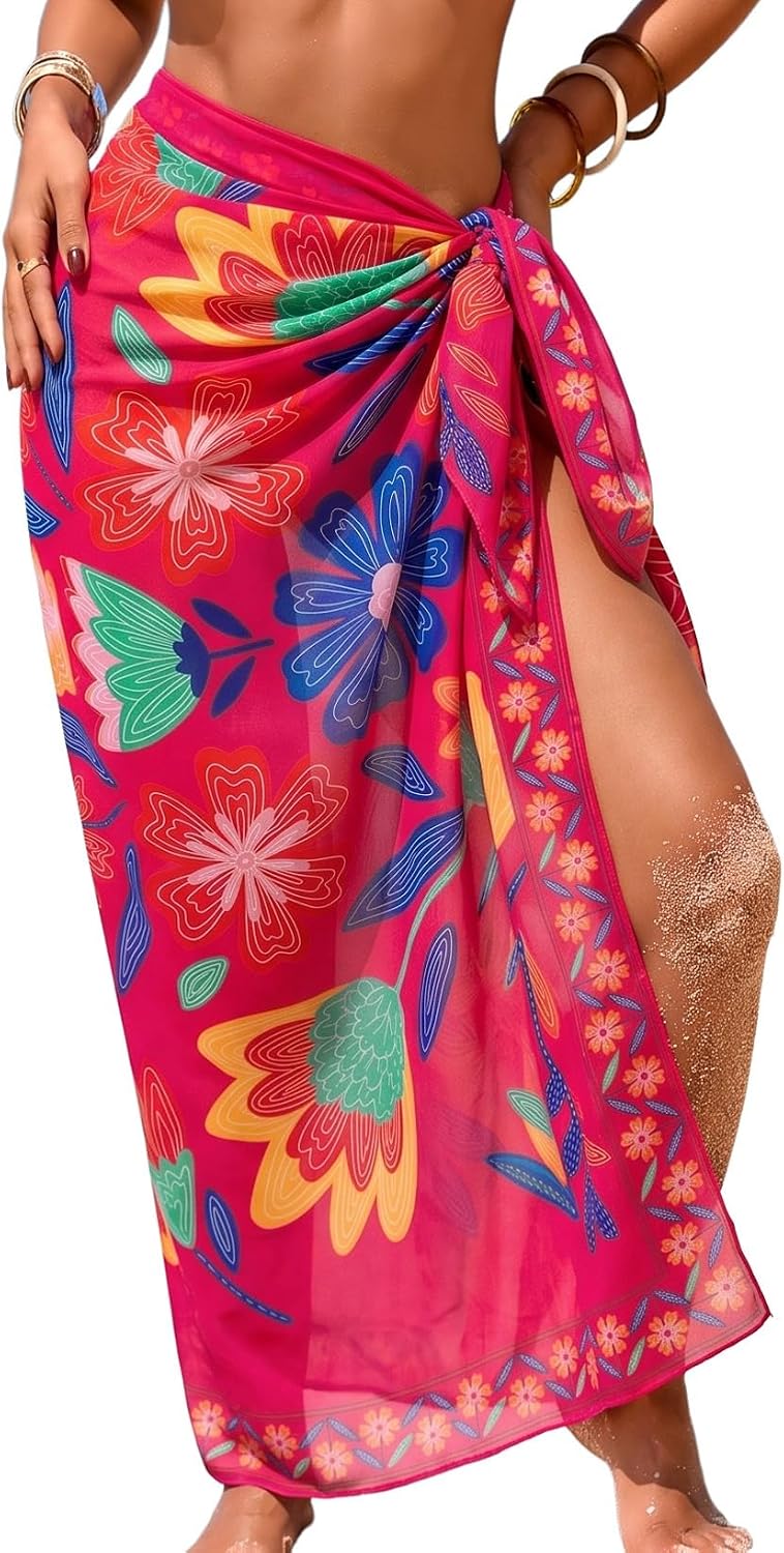 Herseas Women Sheer High Slit One Size Swimsuit Coverup Sarong Chiffon Wrap | Floral Print Bathing Suit Cover Up, Size: 55"× 45", Tie Side, Lightweight Swimwear, Beach Vacation Outfits, Cruise Essentials