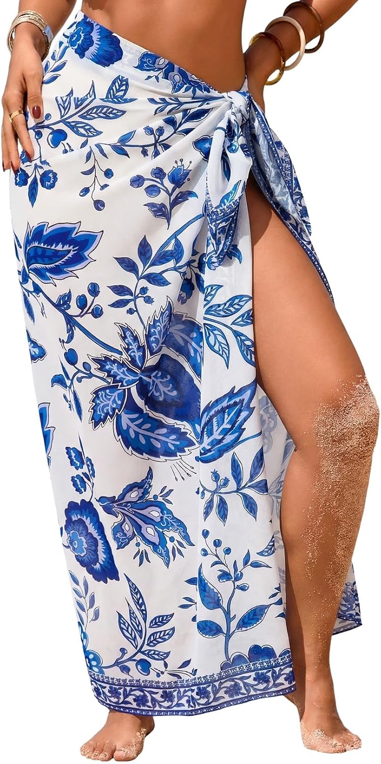 Herseas Women Sheer High Slit One Size Swimsuit Coverup Sarong Chiffon Wrap | Floral Print Bathing Suit Cover Up, Size: 55"× 45", Tie Side, Lightweight Swimwear, Beach Vacation Outfits, Cruise Essentials