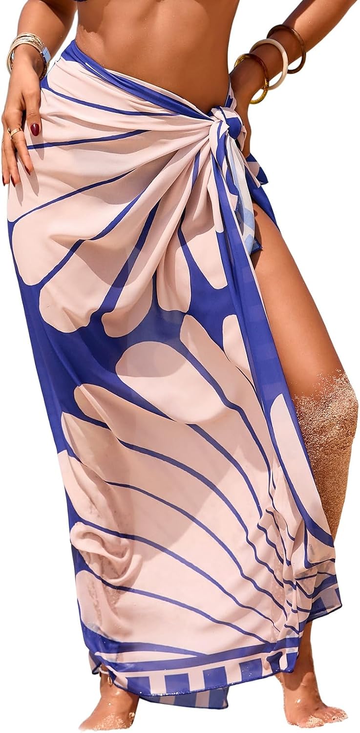Herseas Women Sheer High Slit One Size Swimsuit Coverup Sarong Chiffon Wrap | Floral Print Bathing Suit Cover Up, Size: 55"× 45", Tie Side, Lightweight Swimwear, Beach Vacation Outfits, Cruise Essentials