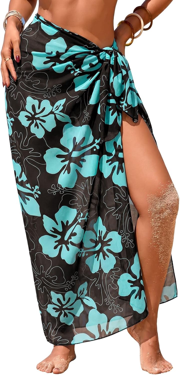 Herseas Women Sheer High Slit One Size Swimsuit Coverup Sarong Chiffon Wrap | Floral Print Bathing Suit Cover Up, Size: 55"× 45", Tie Side, Lightweight Swimwear, Beach Vacation Outfits, Cruise Essentials