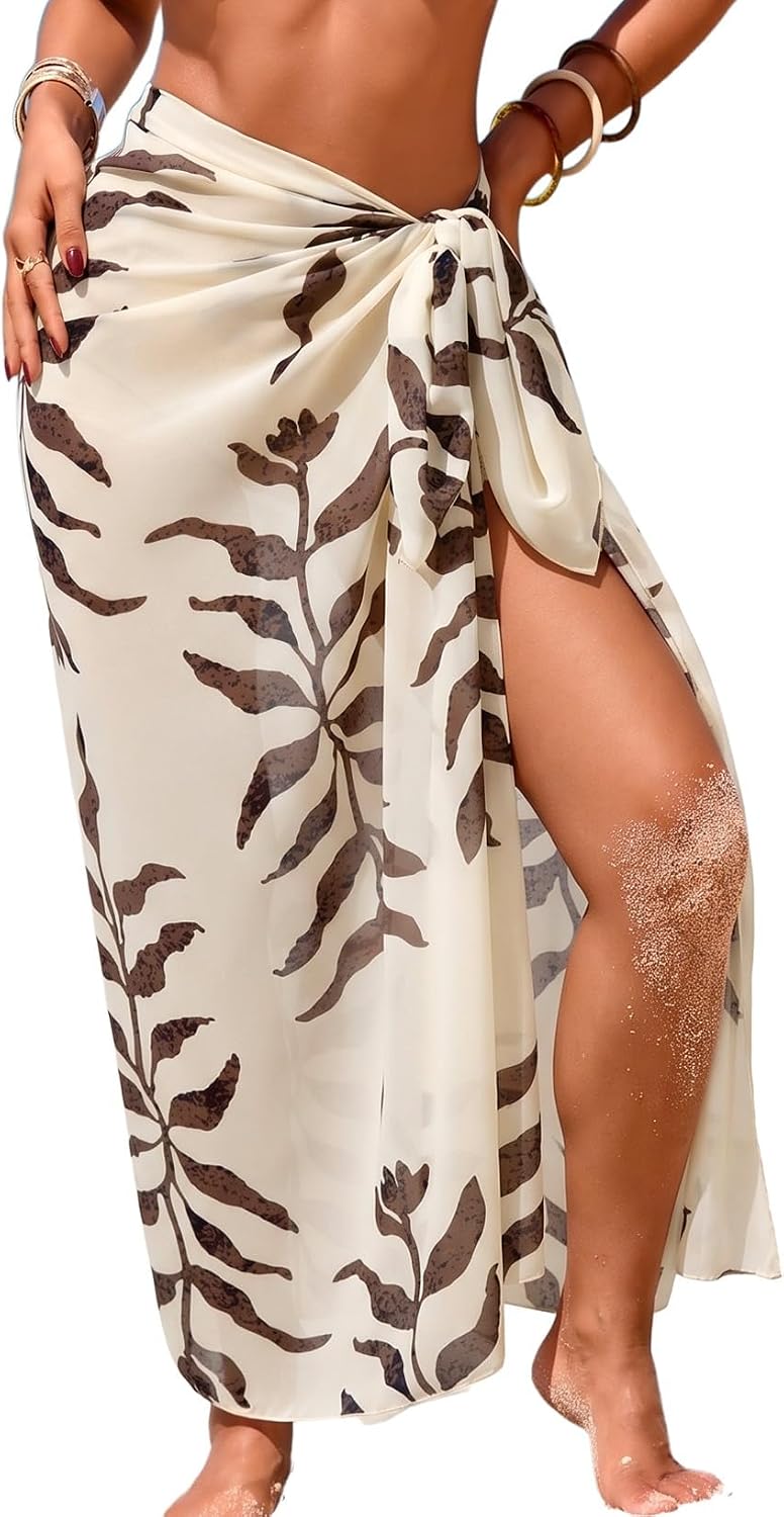 Herseas Women Sheer High Slit One Size Swimsuit Coverup Sarong Chiffon Wrap | Floral Print Bathing Suit Cover Up, Size: 55"× 45", Tie Side, Lightweight Swimwear, Beach Vacation Outfits, Cruise Essentials