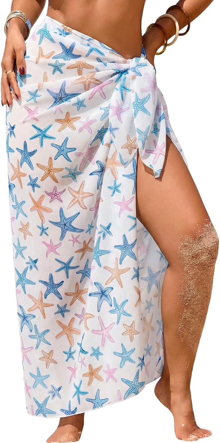 Herseas Women Sheer High Slit One Size Swimsuit Coverup Sarong Chiffon Wrap | Floral Print Bathing Suit Cover Up, Size: 55"× 45", Tie Side, Lightweight Swimwear, Beach Vacation Outfits, Cruise Essentials
