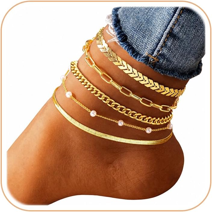 iF YOU Gold Ankle Bracelets for Women, 14k Gold Plated Waterproof Cuban Link Chain Anklets Set, Layered Anklet Bracelets for Women Beach Gift Adjustable Size 5pcs