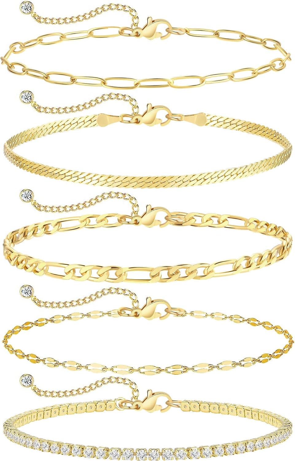 iF YOU Gold Ankle Bracelets for Women, 14k Gold Plated Waterproof Cuban Link Chain Anklets Set, Layered Anklet Bracelets for Women Beach Gift Adjustable Size 5pcs