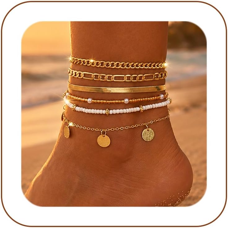 iF YOU Gold Ankle Bracelets for Women, 14k Gold Plated Waterproof Cuban Link Chain Anklets Set, Layered Anklet Bracelets for Women Beach Gift Adjustable Size 5pcs